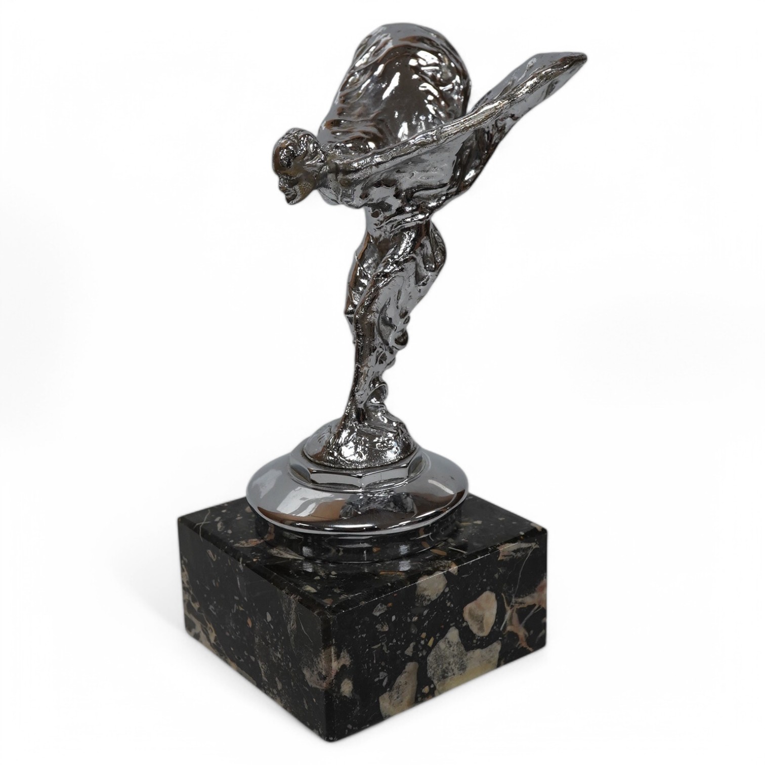 A chrome Spirit of Ecstasy car mascot on marble base, 13.5cm high not including marble base. Condition - good